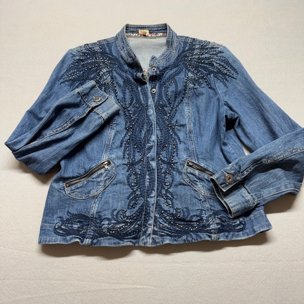 Reba McEntire Embroidered Studded Denim Jacket Blue Medium Wash Womens Large L